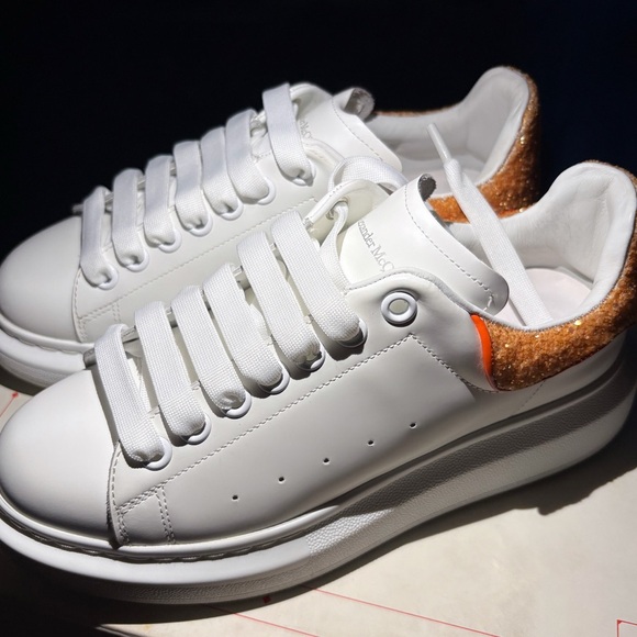 Alexander McQueen Shoes - Alexander McQueen White Sneakers with Orange Glitter Accent
